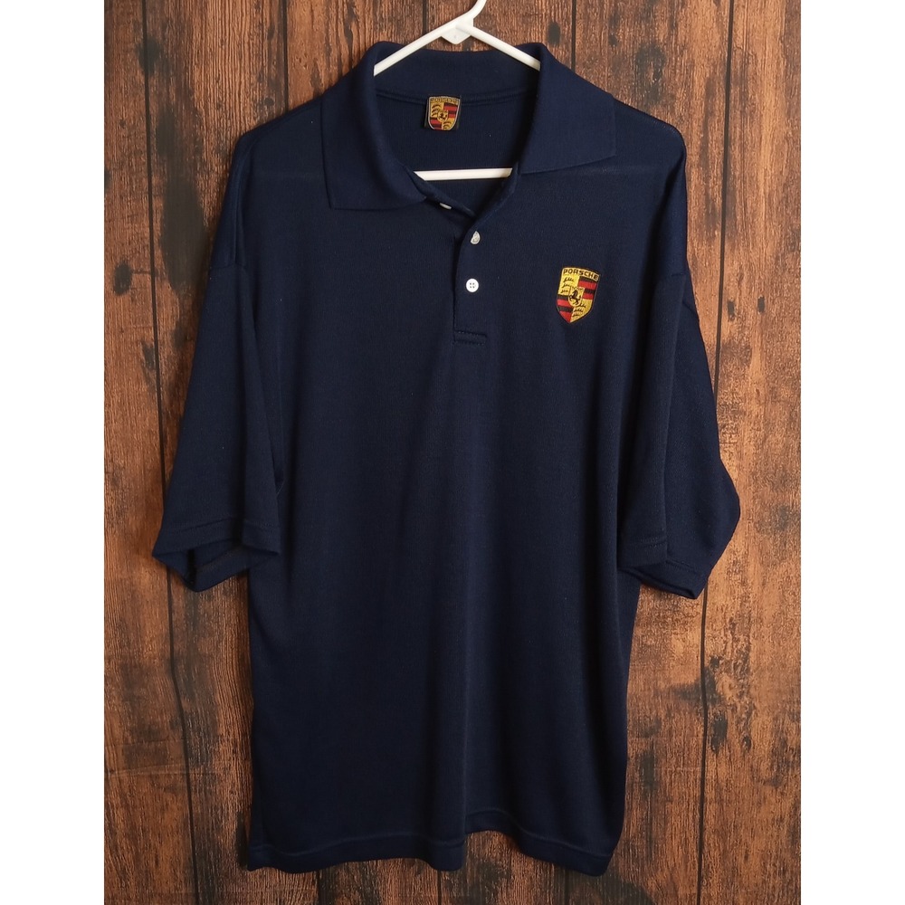 Porsche Mens Navy Blue Cotton Pique Short Sleeve Polo Shirt Crest Logo Size L